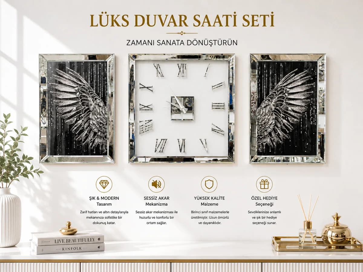 Gümüş Kanat Duvar Saati Seti ürün görseli