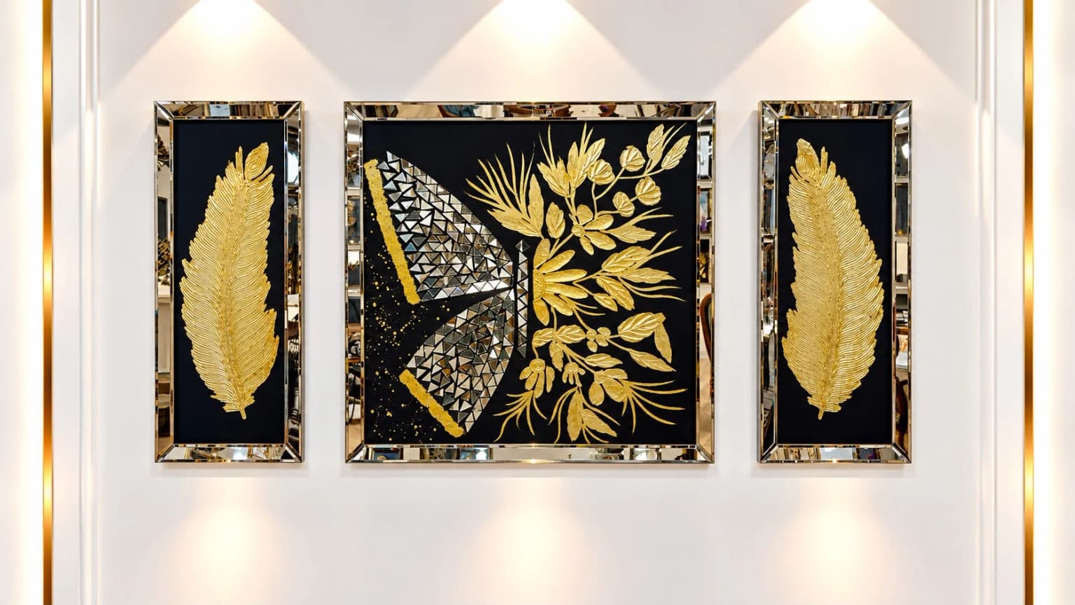 Gold Kelebek ve Yaprak Üçlü Tablo Seti ürün görünümü